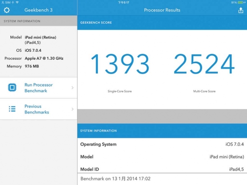 3DMark 跑分成绩对比，左为Retina iPad mini。