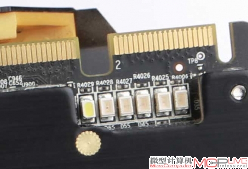 位于PCB背面、交火金手指附近的温度指示灯，作用是帮助用户大致判断GPU的温度：从25℃开始，每增加10℃就会亮起一个灯，直到75℃时6个灯全部亮起。