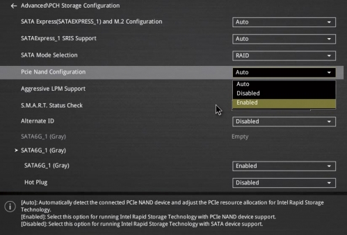 在9系主板中开启RAID模式后，会出现一个大家从未见过的“Pcie Nand Configuration”选项。按说明解释，开启它后，就可让PCI-E M.2固态硬盘使用RST驱动。