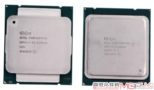 从正面来看，Core i7 5960X(左)的顶盖设计与Core i7 4960X(右)有所区别，它的金属顶盖上下两边多出两片金属，可以更加稳固地承载主板CPU插座金属盖对CPU的压力。而从CPU背面来看，Core i7 5960X的触点(特别是CPU四周的边缘处及四个缺口附近的触点)明显比Core i7 4960X要多得多，据业内人士透露其触点数量实际达到2102个，而LGA 2011-V3插槽的针脚数却仍维持在2011根。英特尔暂未公开为何如此设计，但有厂商表示，如将插槽针数也设计为2102根，将令处