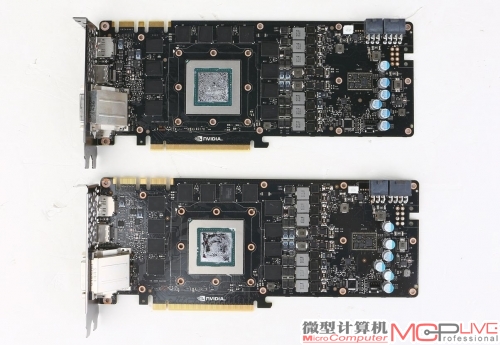 公版的GTX 980Ti PCB布局(下)上则和GTX TITAN X(上)几乎完全一致，唯一的区别是背面少了12颗显存颗粒。