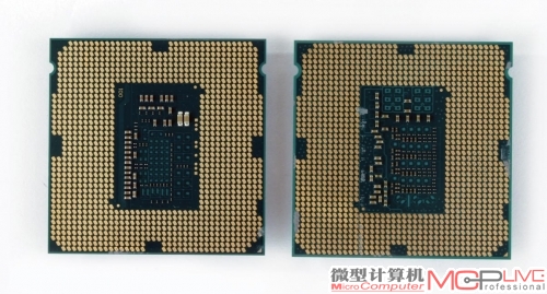 工程版Core i5 5675C处理器(左)对比Core i5 4460处理器，从以上对比不难发现，虽然它们在正面上非常相似，但在处理器背面，Broadwell台式机处理器的电容少了很多，表明新工艺的采用降低了处理器的供电需求。