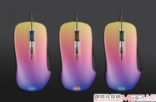 外观视觉上的冲击力非常强，这也是Rival 300 CS:GO相比经典Rival大的变化。这种渐变色的喷漆涂层需要非常高的制造工艺，也从一个侧面上反映了赛睿的设计制造实力。