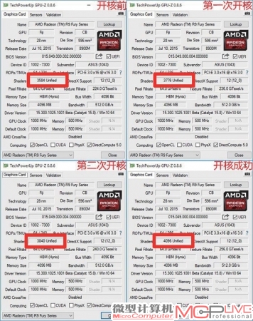 “2good4you”秀出的开核前后GPU-Z规格截图，可以看到流处理单元和纹理单元数量的增加。